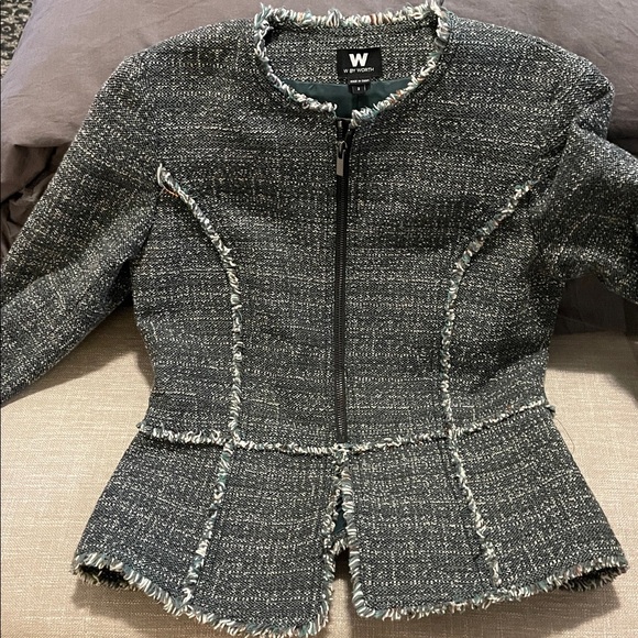 W by Worth Cypress Gray Tweed Peplum Grommet Jacket Size2 Tailored Frayed Fringe - Picture 10 of 11